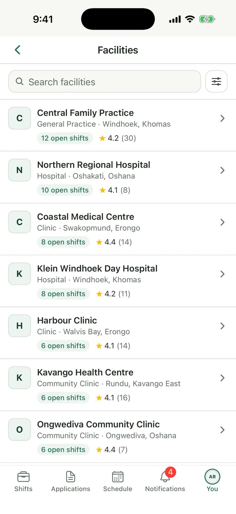 Facilities in the Locum app with their open shifts and ratings