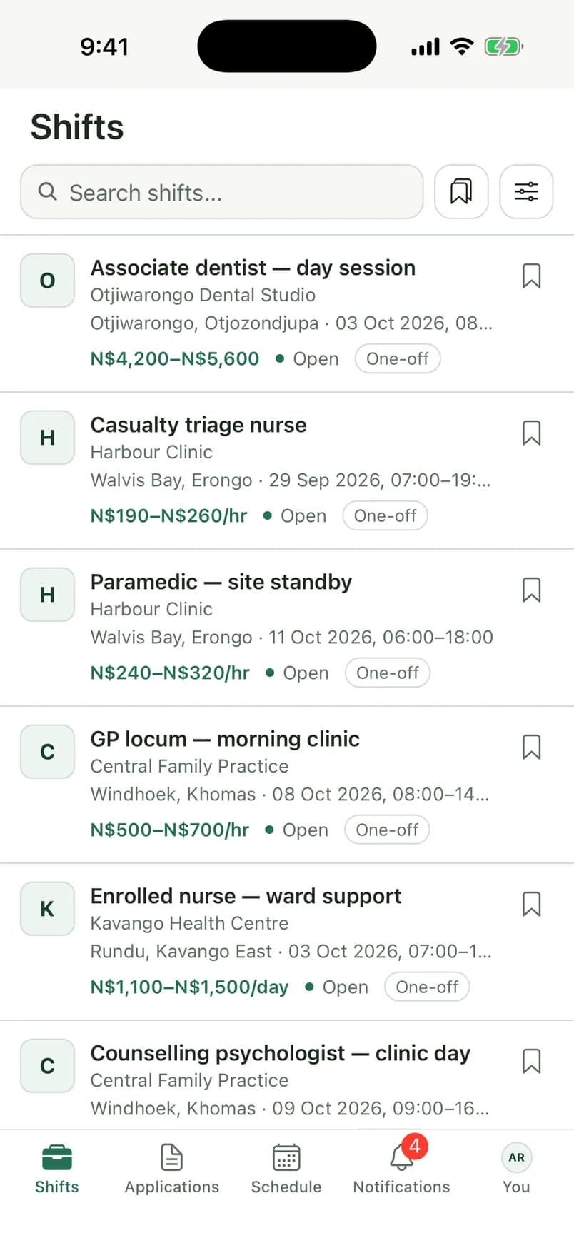 The Locum iPhone app listing open shifts with their pay rates