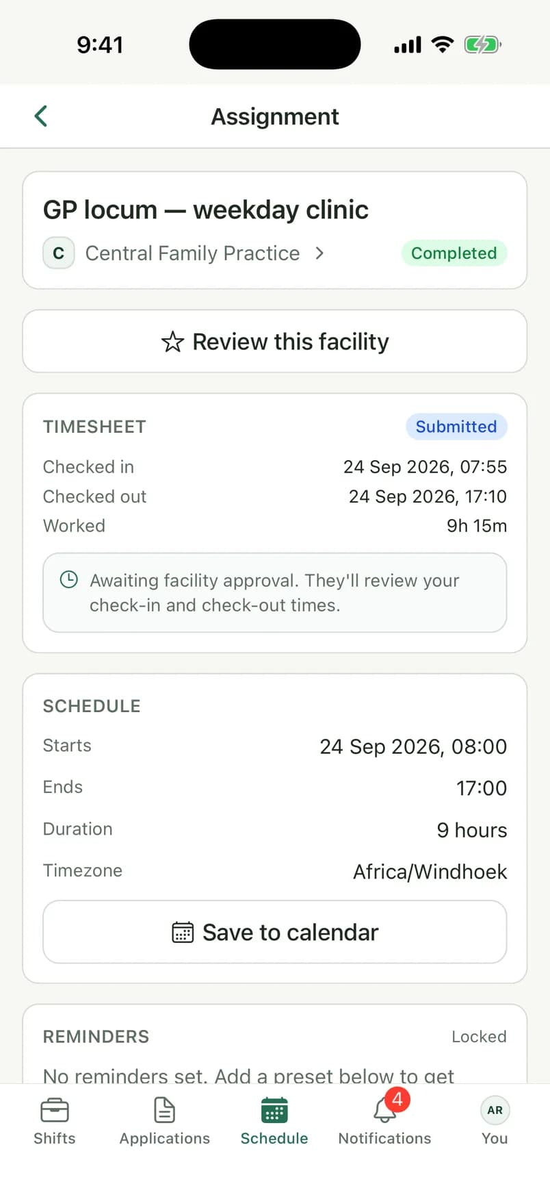 An assignment in the Locum app with its submitted timesheet and check-in times