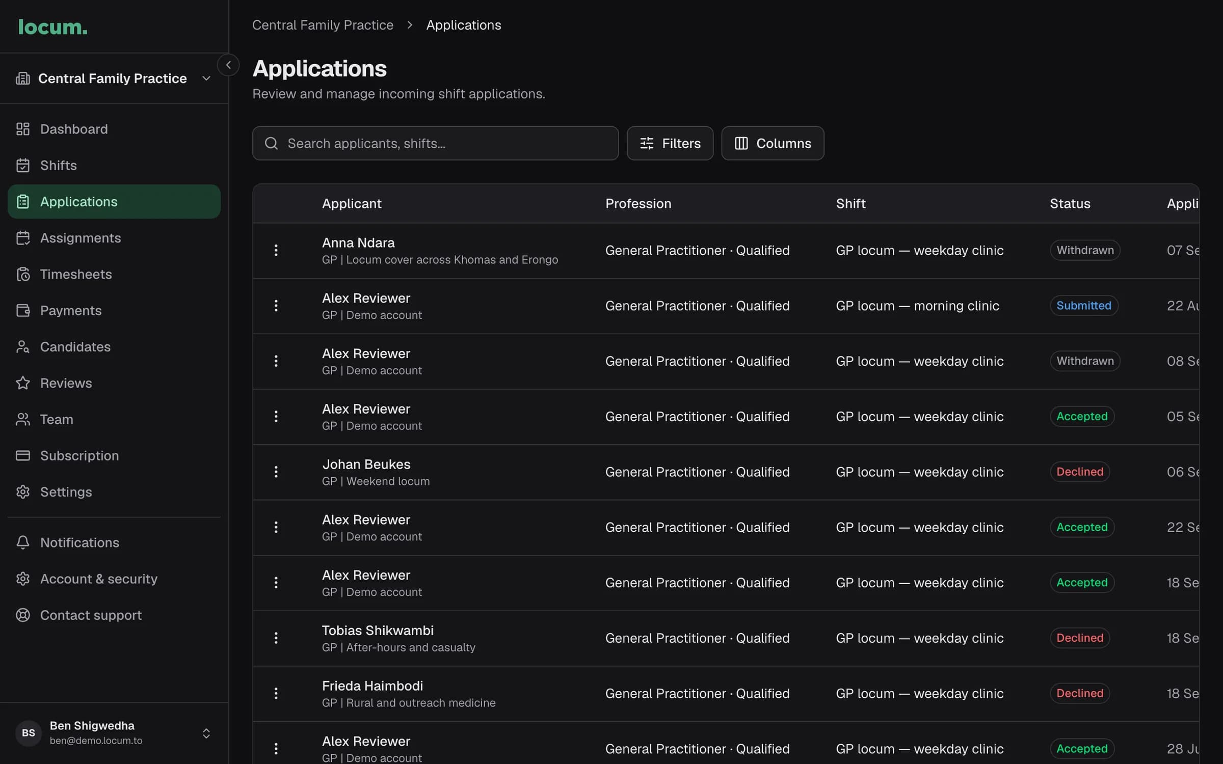The facility applications table listing each applicant, their profession, the shift and the application status