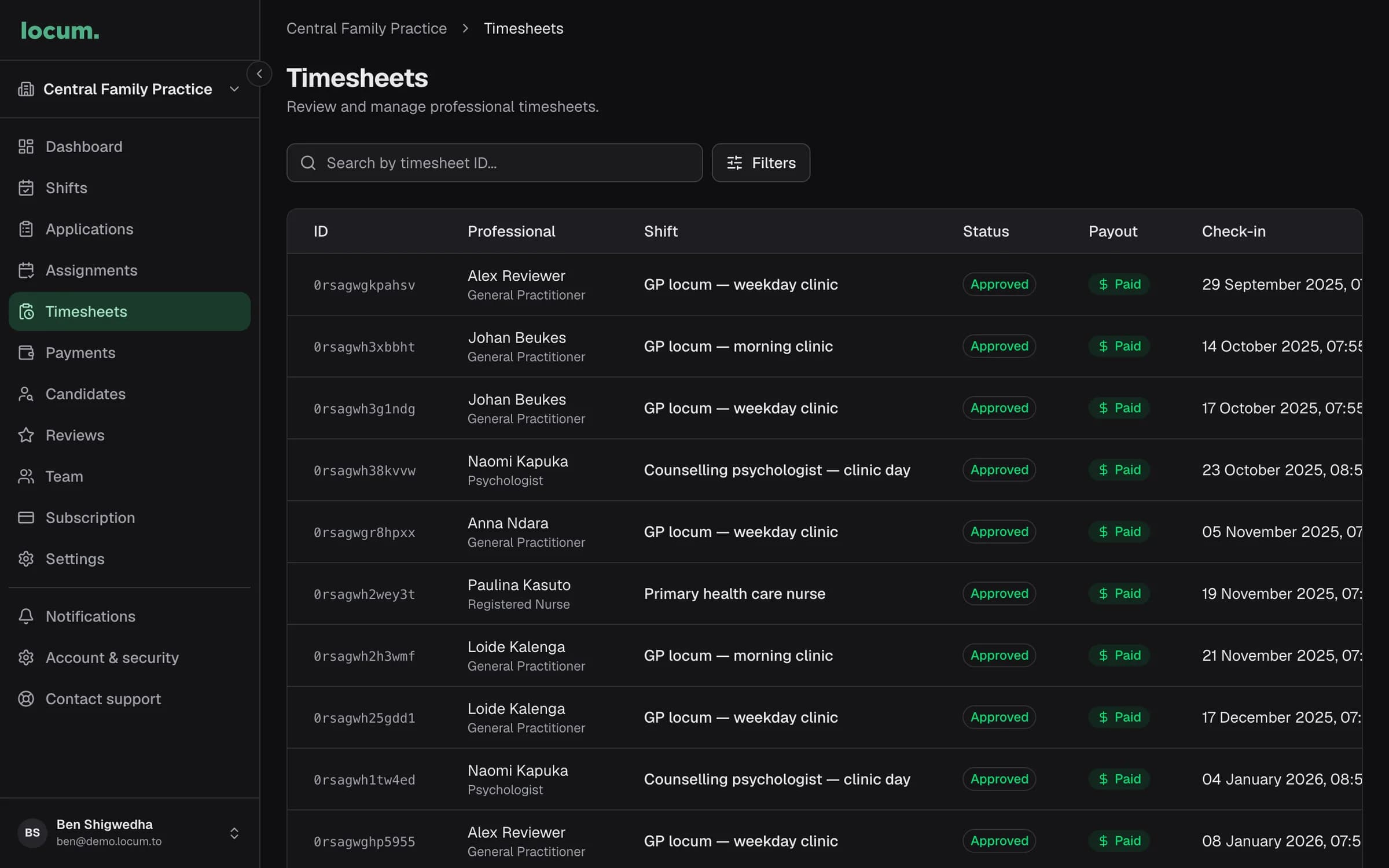 The facility timesheets table with approved and paid timesheets